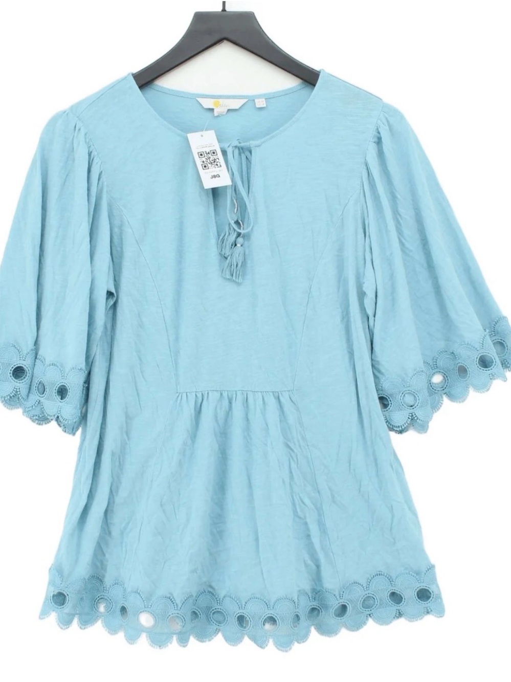 Boden Blue Ayla Jersey Cotton Lace Trim Boho 
Blouse Top Women's Size 16